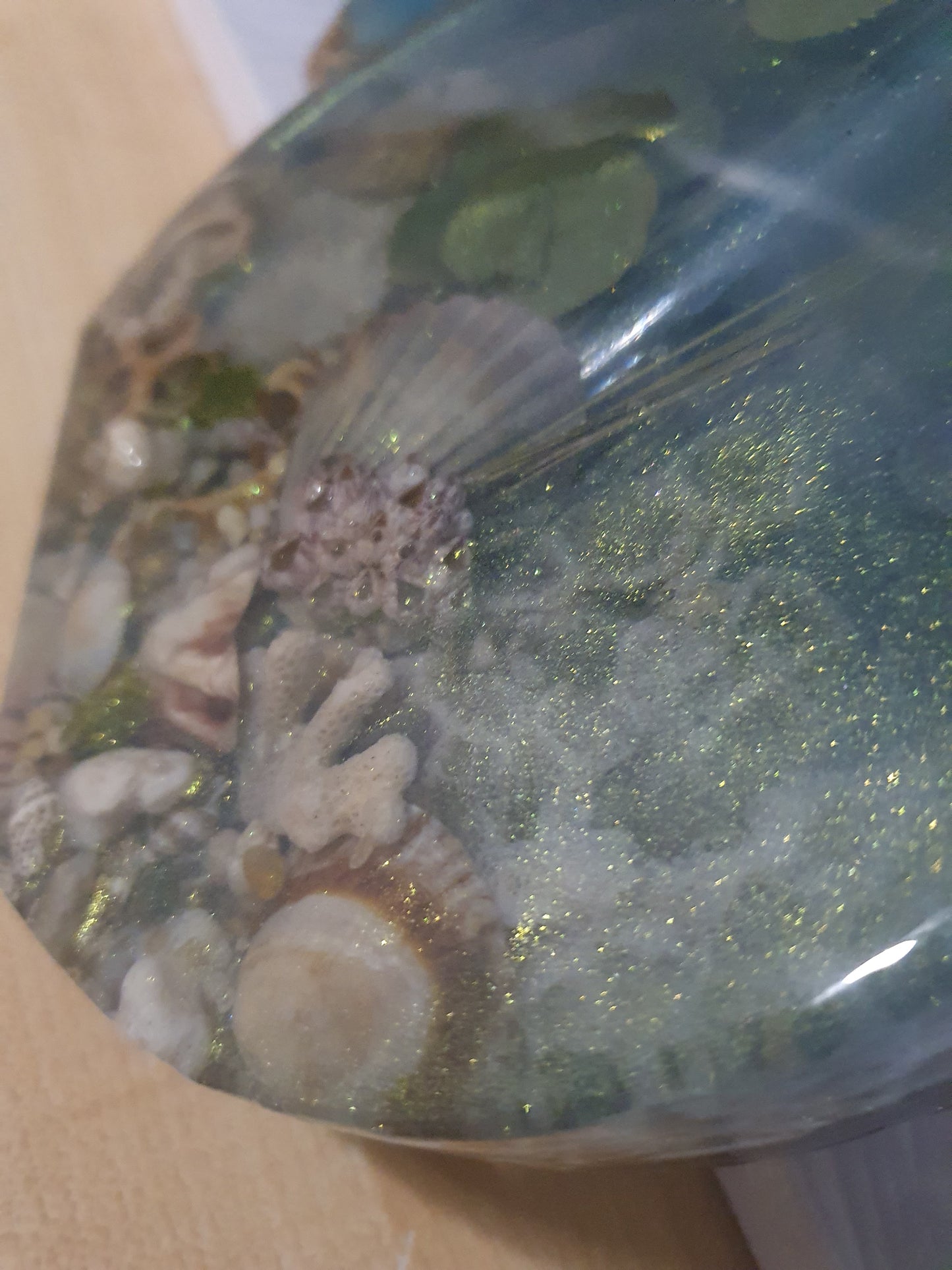Translucent sparkling blue seascape round vase