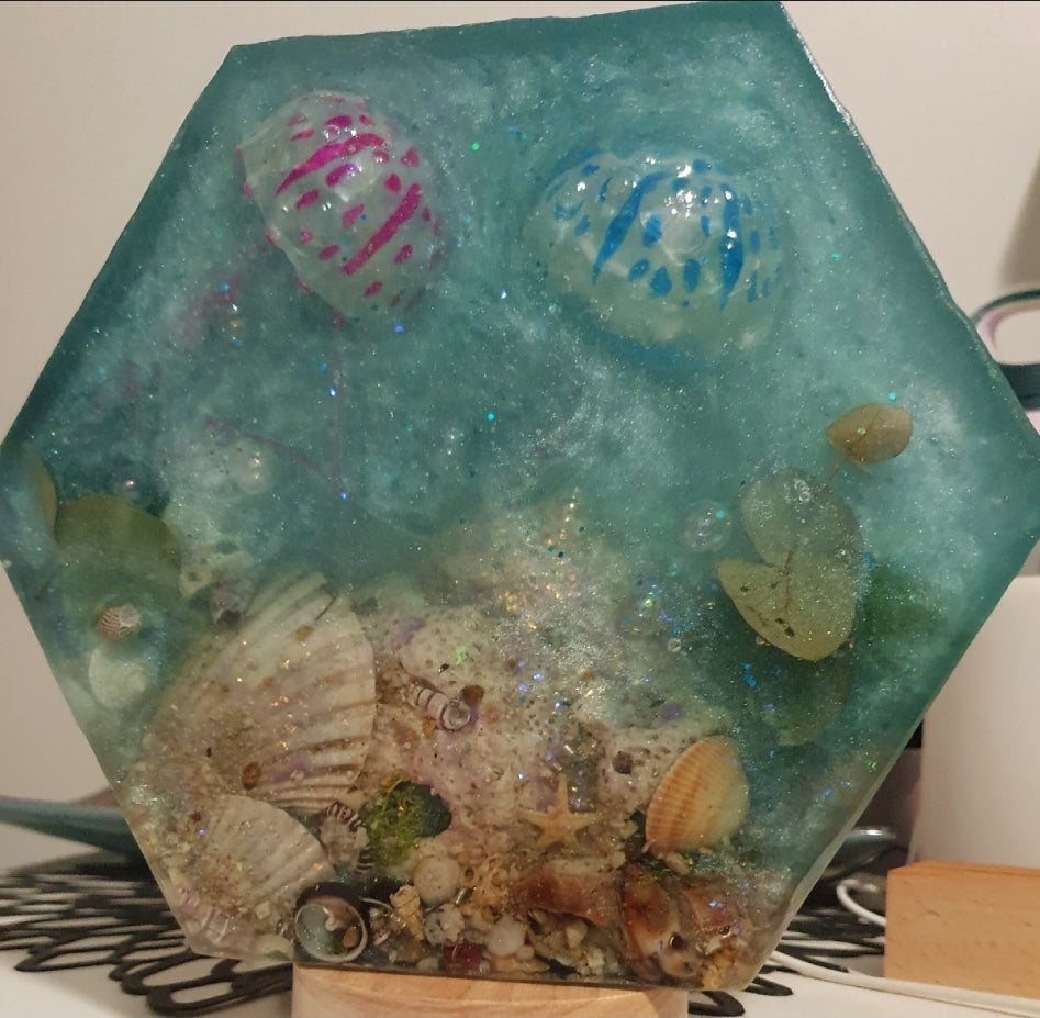 Jellyfish table art/ table lamp with bioluminescent magic