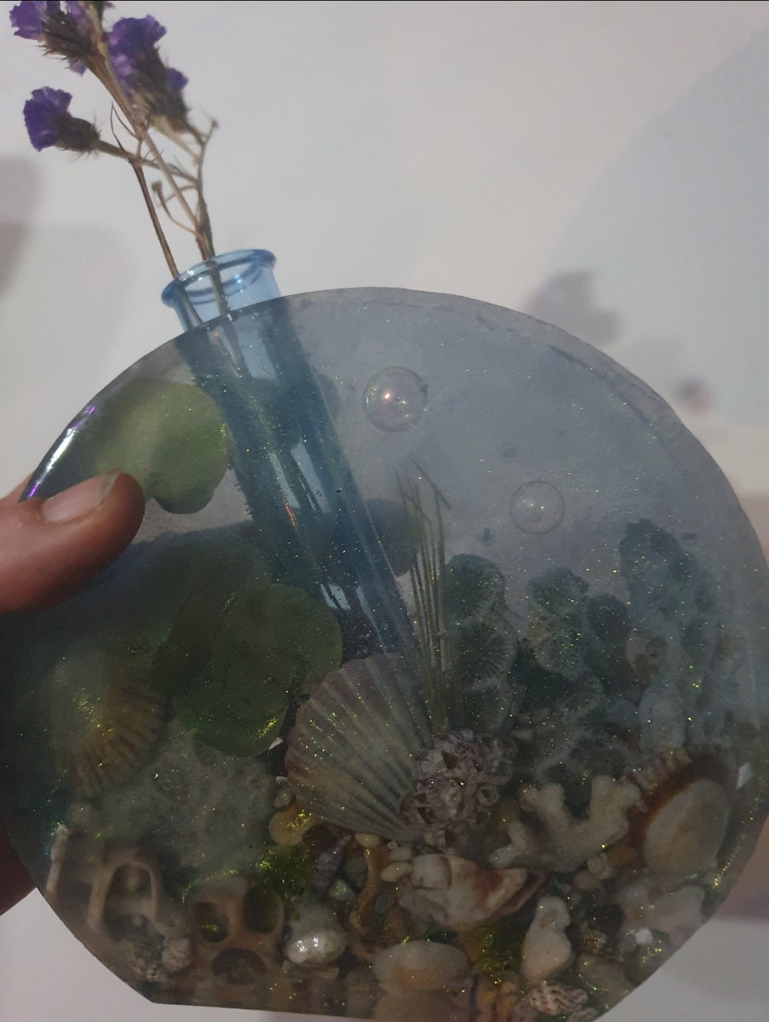 Translucent sparkling blue seascape round vase